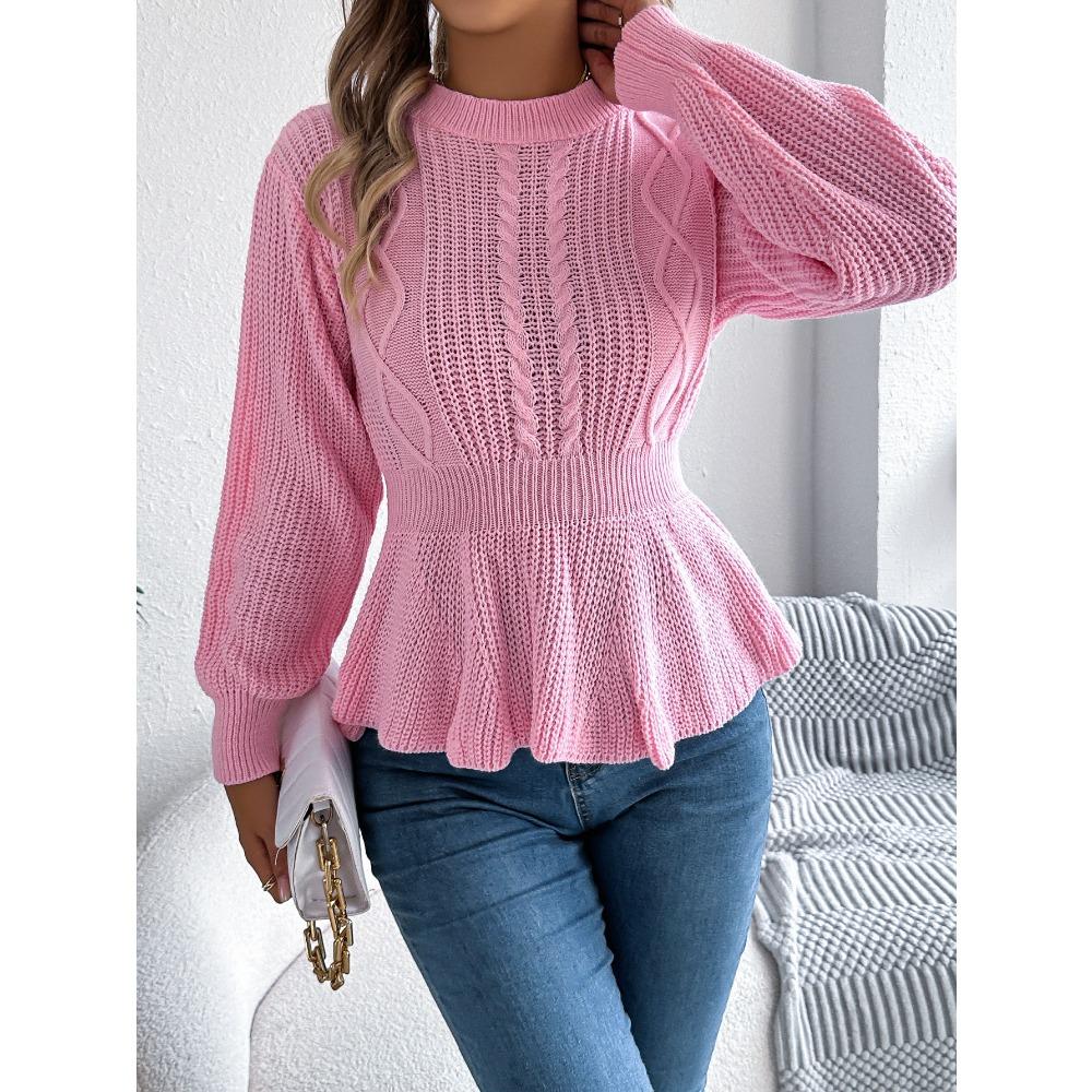 Women's Solid-color Braided Waist-cinched Ruffled Long-sleeved Pullover Sweater for Autumn and Winter