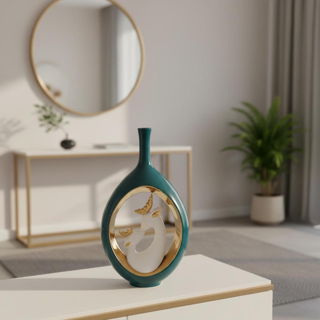 Ceramic Vase Forest-Inspired-Inspired with Gold-Toned Oval Inset Rustic