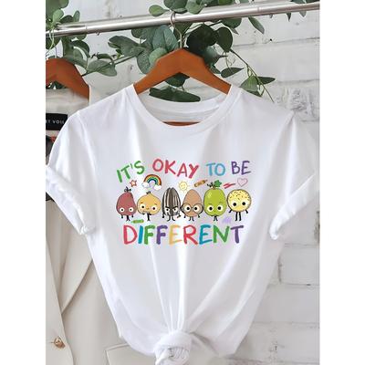 European Sizes It's Okay To Be Different Graphic Print T-shirt, Short Sleeve Crew Neck Casual Top for Summer & Spring, Women's Clothing