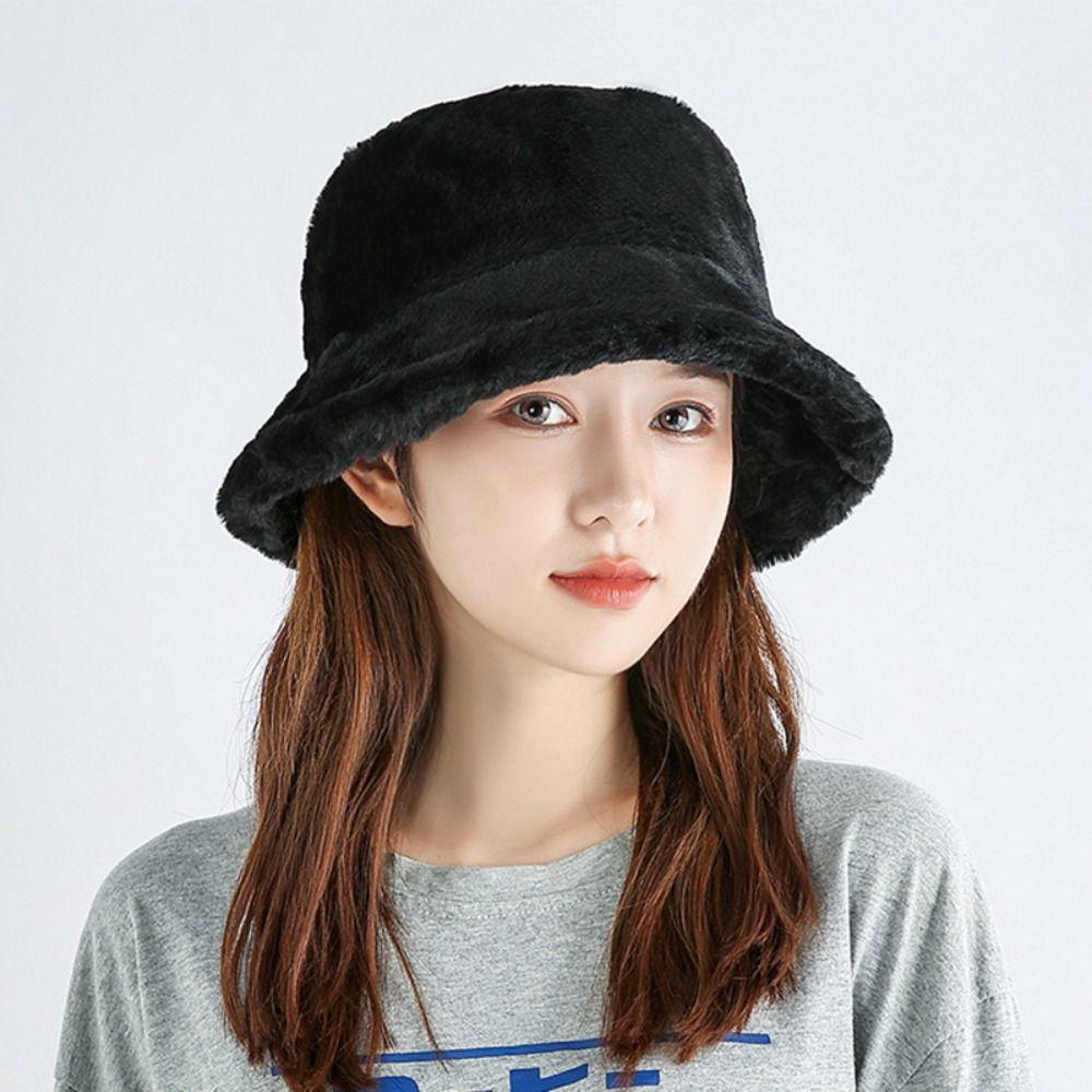 Windproof Women's Plush Hat Imitation Fur Warm Fisherman Hat Personality Wool Bucket Hat  Ladies