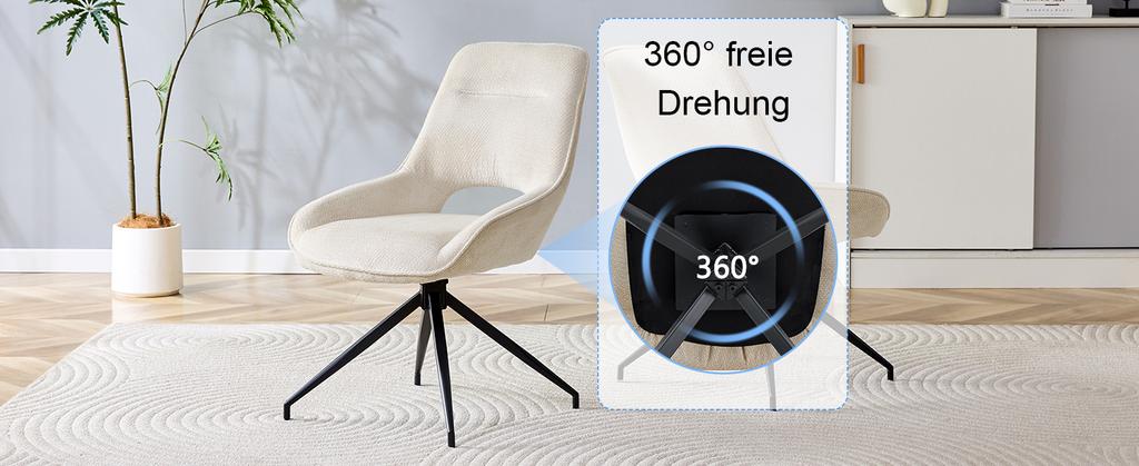 [Set of 2] 360° Swivel Dining Chair with White Fabric Cover: Black Lacquered Metal Frame with Four Legs, Suitable for Modern Dining Areas.