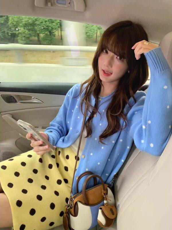 Women's Korean Polka Dot Knit Cardigan - Blue, Spring/Autumn