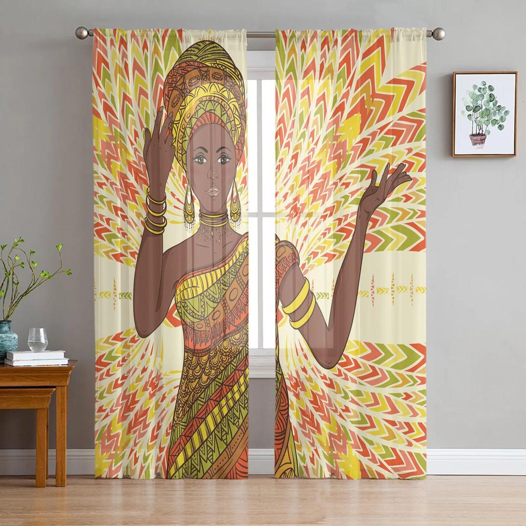 African Woman Skirt Texture Tulle Curtains for Living Room Bedroom Sheer Curtain for Balcony Hall Fashion Printed Home Drapes