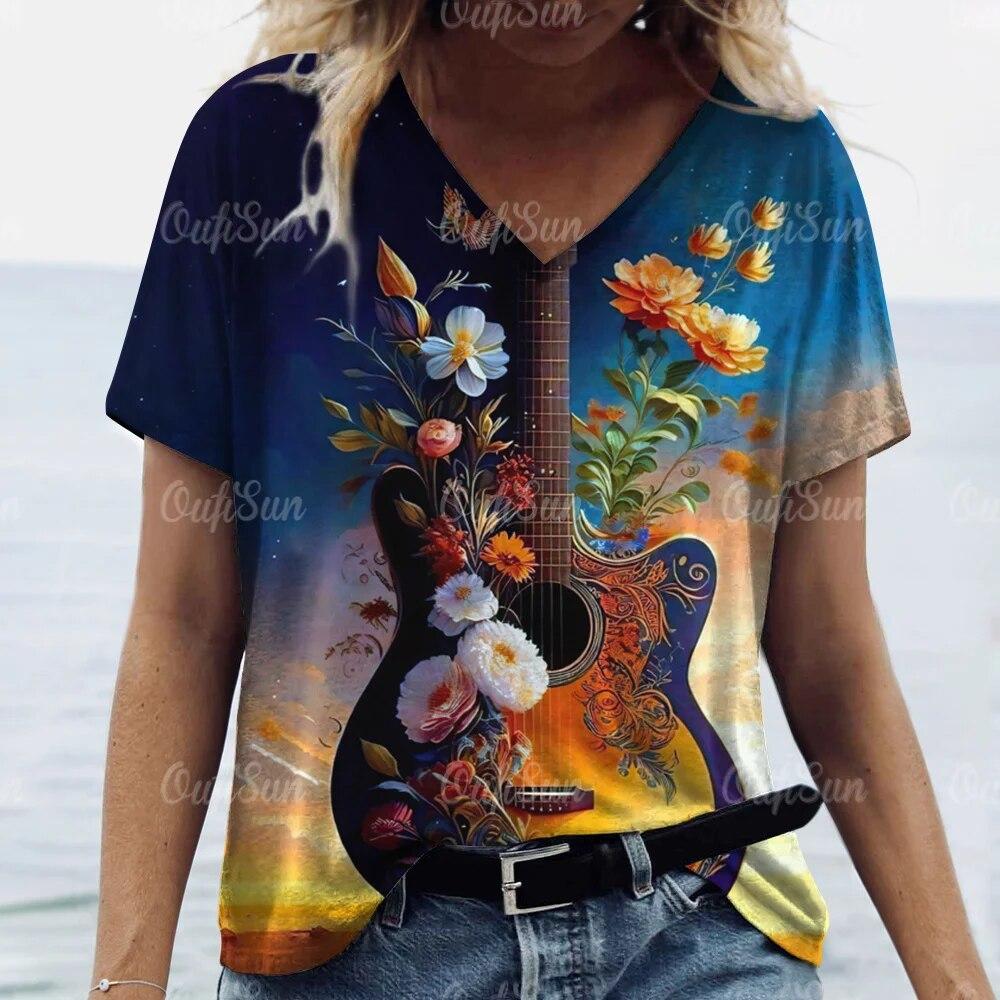 Aesthetic V Neck Women T-Shirts Guitar Graphic Fashion Short Sleeve Harajuku Y2k Floral Tops Oversized Casual Tee Female Clothes