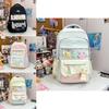 Cute Color Blocked Striped Cartoon Embroidery Student Backpack With Star Decor For School Use