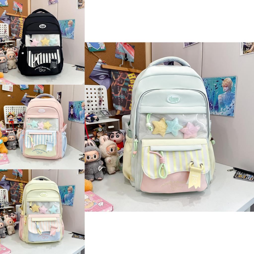 Cute Color Blocked Striped Cartoon Embroidery Student Backpack With Star Decor For School Use
