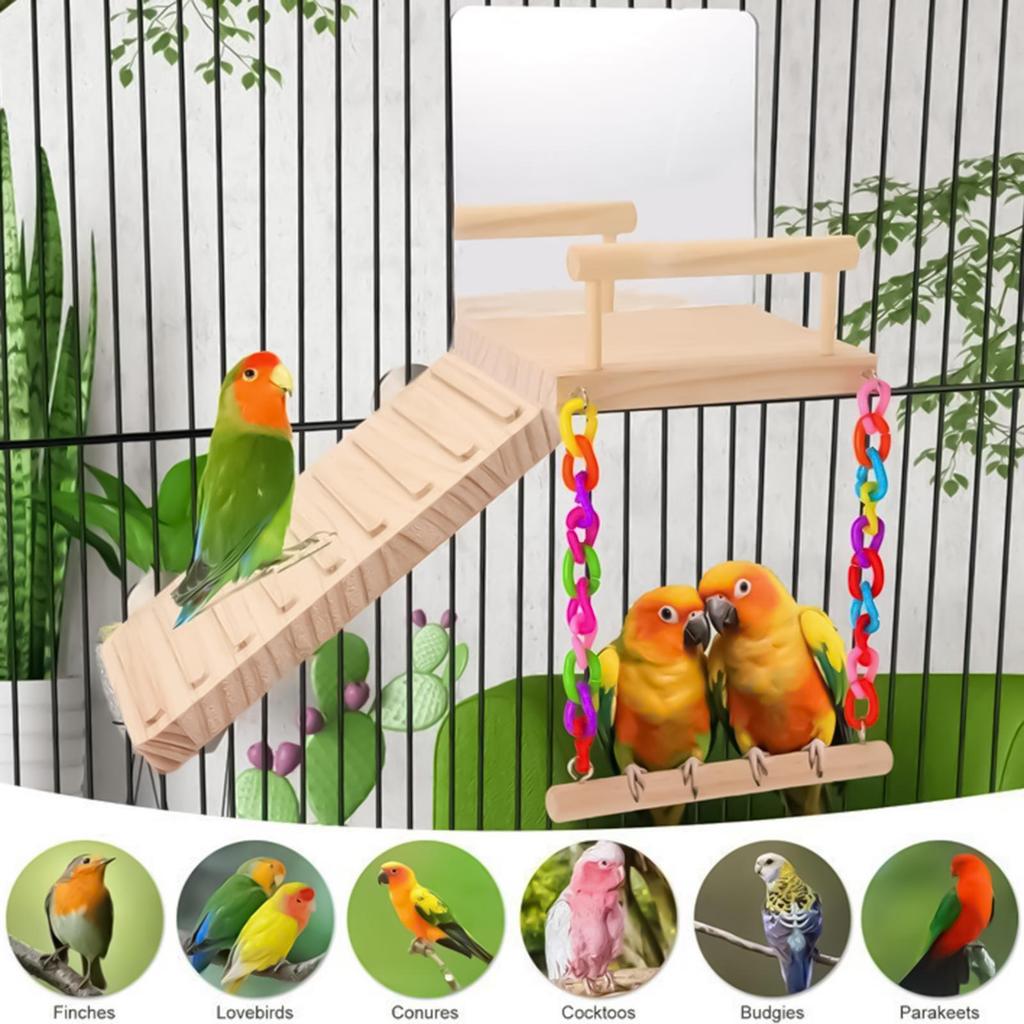 Bird Perch Swing Wooden Parrot Training Stand With Climbing Ladder And Mirror Pet Cage Accessories Bird Perching Toy