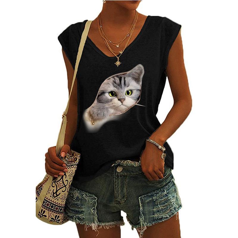 2023 Trendy Women's V-neck Print Cap Sleeve Loose T-shirt Top