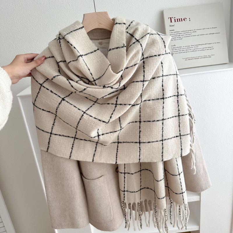 

Осенне-зимний темпераментный клетчатый шарф с бахромой женский высококлассный нишевый платок утолщенный теплый шарф 65-180CM бежевый