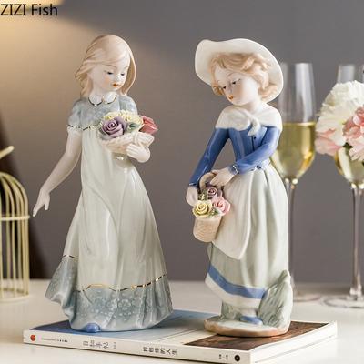 European Girl Character Ceramic Statue Desk Decoration Cute Girl Porcelain Crafts Painted Figures Sculpture Modern Home Decor