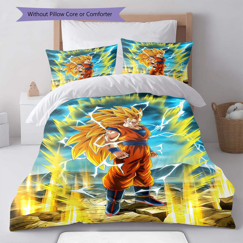 Son Goku Pattern Bedding,Quilt Set Quilt Cover Pillowcase Home Birthday Gift (1 * Duvet Cover + 2 * Pillowcase, Without Core)