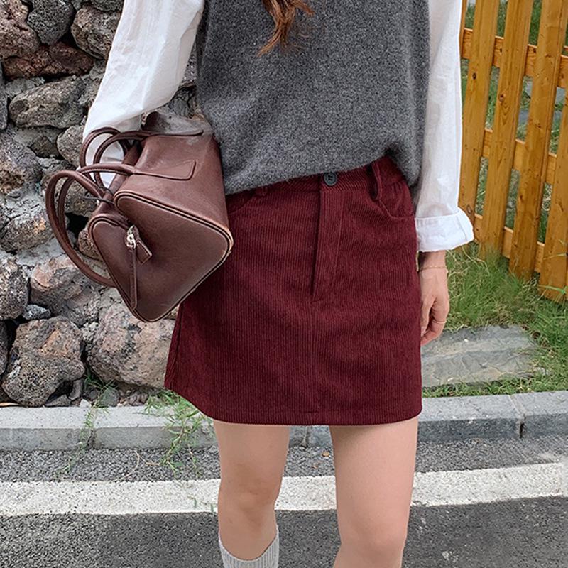 Saidi Corduroy Retro A-Line Skirt - Korean Style, Slim Fit, High-Waisted, Autumn/Winter 2025 Collection.