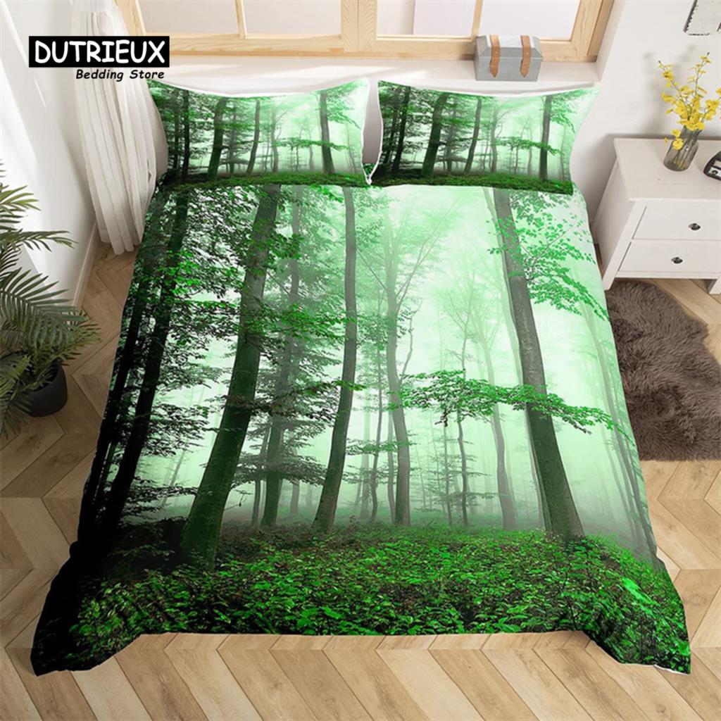 Dense Birch Trees with Red Leaves Duvet Cover Tree Lush King Bedding Set Polyester Jungle Nature Botanical Print Comforter Cover