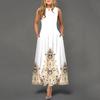 Women Sleeveless Casual Maxi Dress Round Neck Printed Loose Fit Long Dress with Flared Hem and Side Pockets for Daily Wear