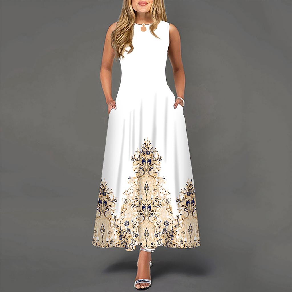 Women Sleeveless Casual Maxi Dress Round Neck Printed Loose Fit Long Dress with Flared Hem and Side Pockets for Daily Wear
