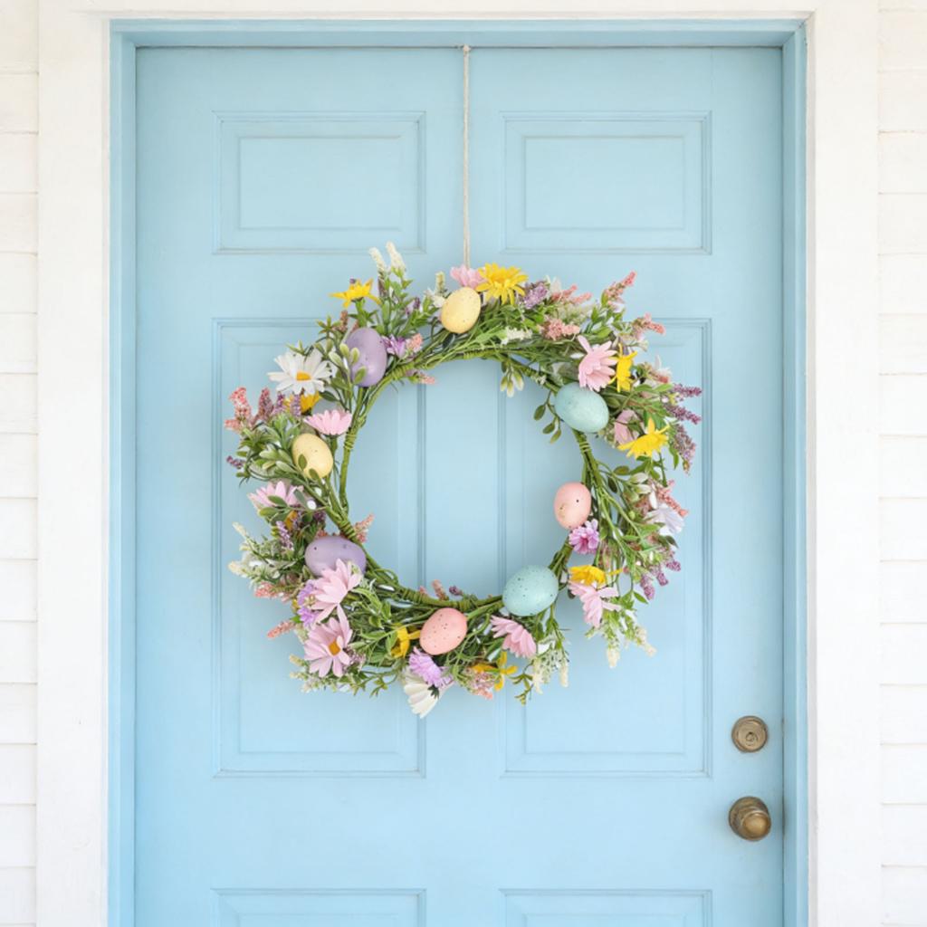 Easter Flower Wreath with Colorful Eggs, 19.7in Artificial Spring Wreath Fade Proof Material for Front Easter Farmhouse Holiday Wall H