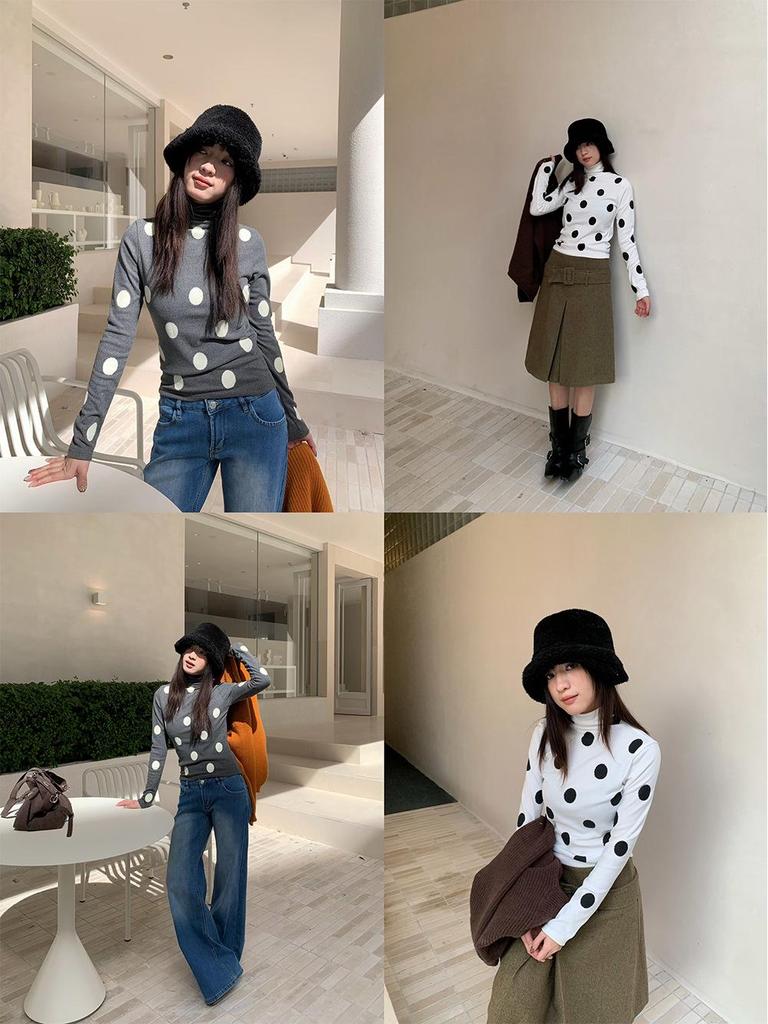 Yuyi Damen Polka Dot T-Shirt: Herbst/Winter 2025 Süß & Würzig, Halber Rollkragen, Langarm, Gebürstete Basis (M3858)