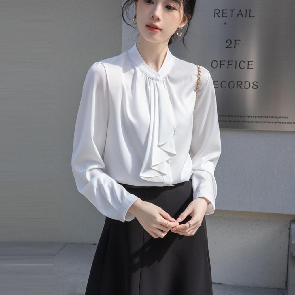 [SYitong] Women's Long-Sleeved Plain Blouse, Stylish, Washable, Collarless, White/Pink, Lined, Business/Office, Cute, Popular, Date, Outing, Commuting