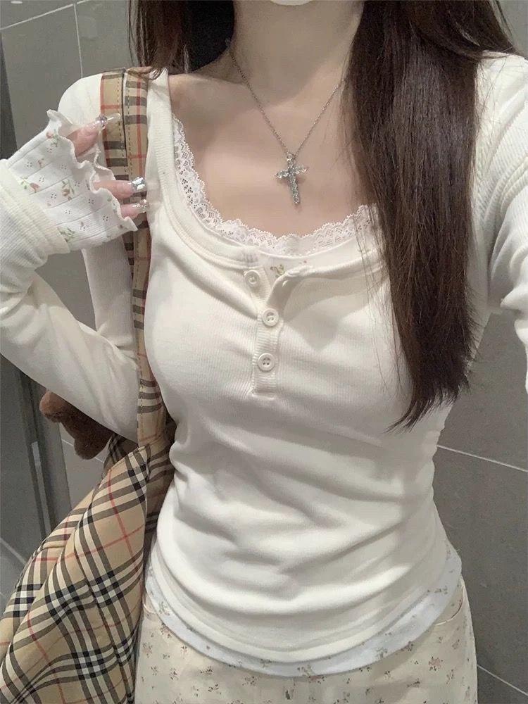 Nueva Moda Mujer Ajustado Encaje Floral Patchwork Manga Larga Camiseta