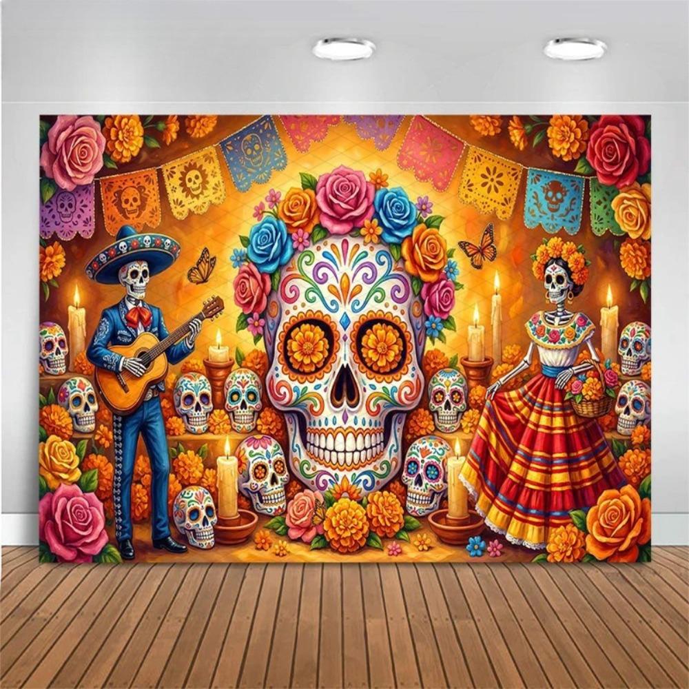 Carnival Mexico Sugar Skull Men and Women Theme Banner Background Day of The Dead Party Decoration Photography Background Cloth