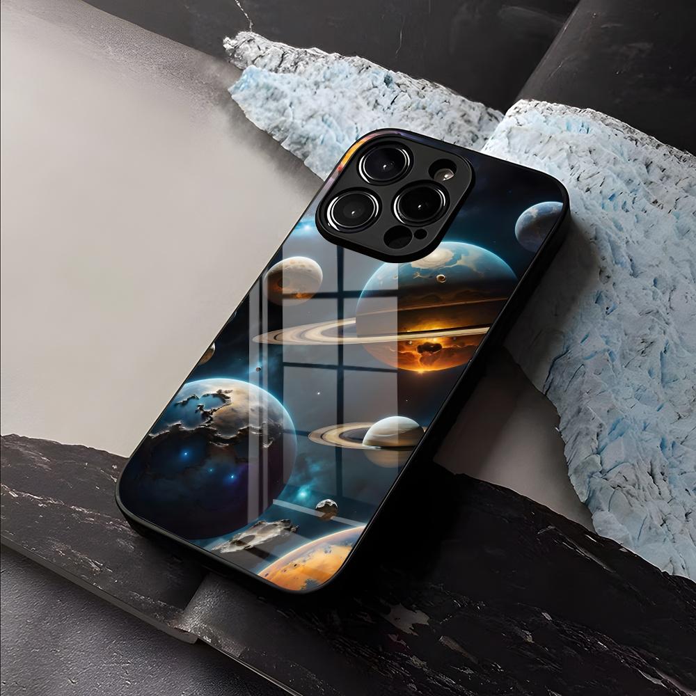 Space Planet Phone Case For IPhone 17 Air 16 E Pro Max 15 14 13 Mini 12 Pro 11 Max Plus Black Glass Cover