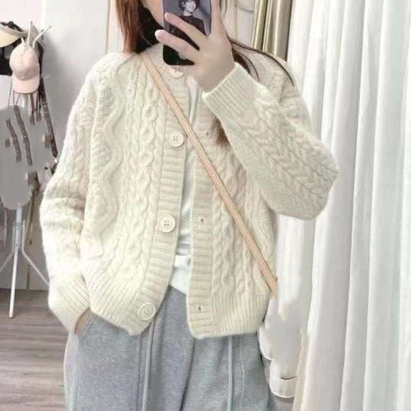 Korean Style Lazy Twist Knit Cardigan Short Round Neck Sweater Coat