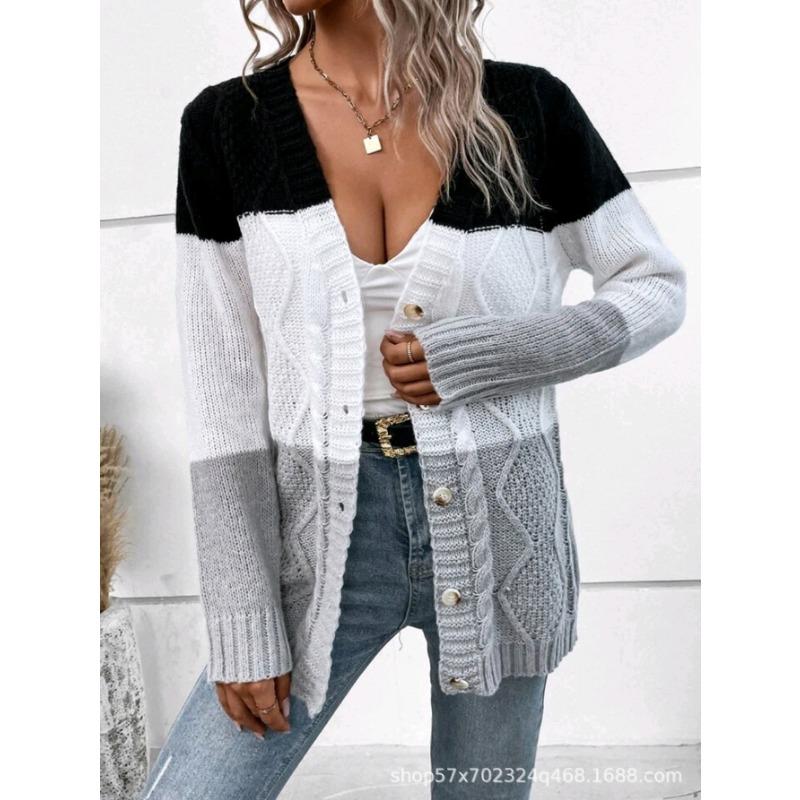 Women European American Lazy Style Striped V Neck Long Sleeve Knit Cardigan Sweater