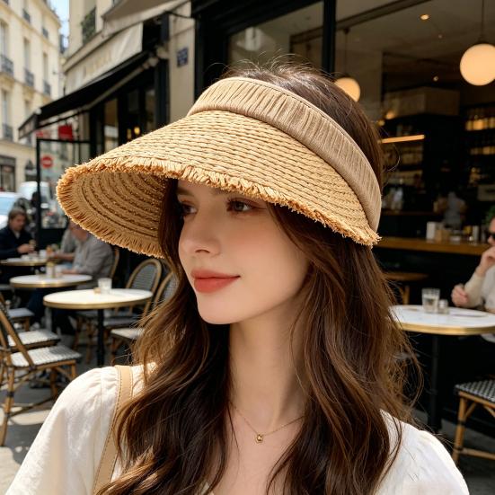 Hollow Top Sun Hat, Foldable Braided Straw Hat with UV Protection, Breathable Design Wide Brim Hat for Summer Travel Outdoor Activities