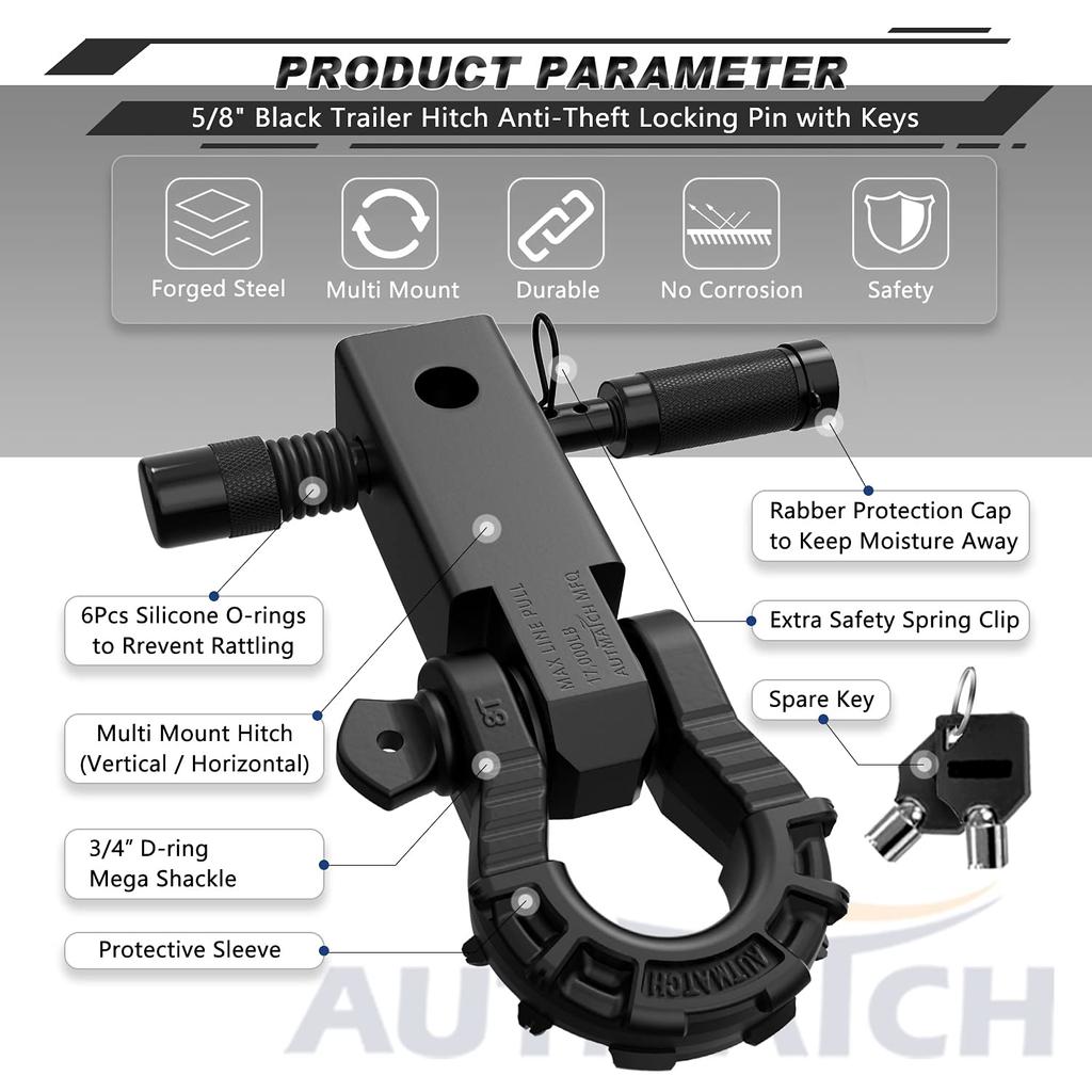 AUTMATCH Shackle Hitch Receiver with and Mega Shackles and Trailer Hitch Lock Vehicle Recovery Receiver Kit with a kg Break Matte Black Mega Shackle