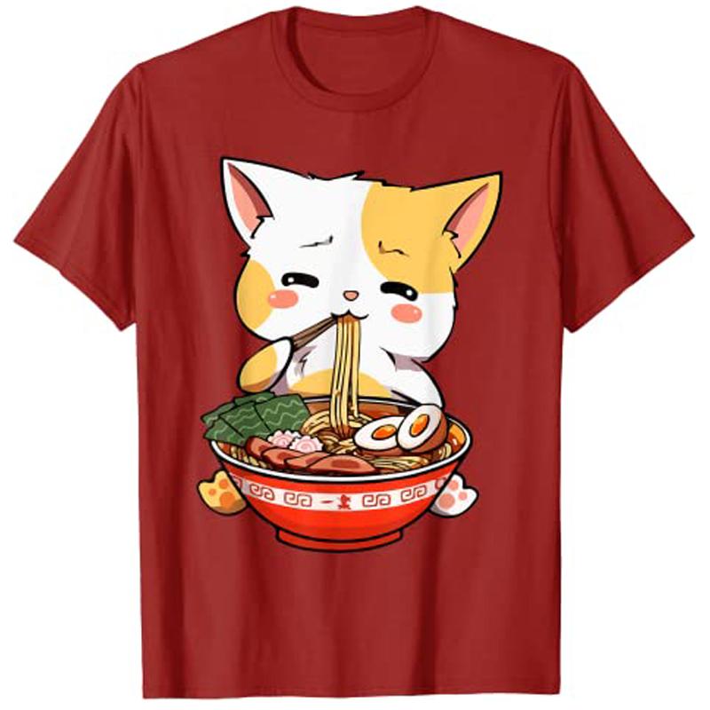 

RaUnisex Cat Kawaii Anime Japanese Food Girls Official Teenager TShirt Harajuku Graphic Tee Tops Kitten Eat Noodles Novelty Gift S