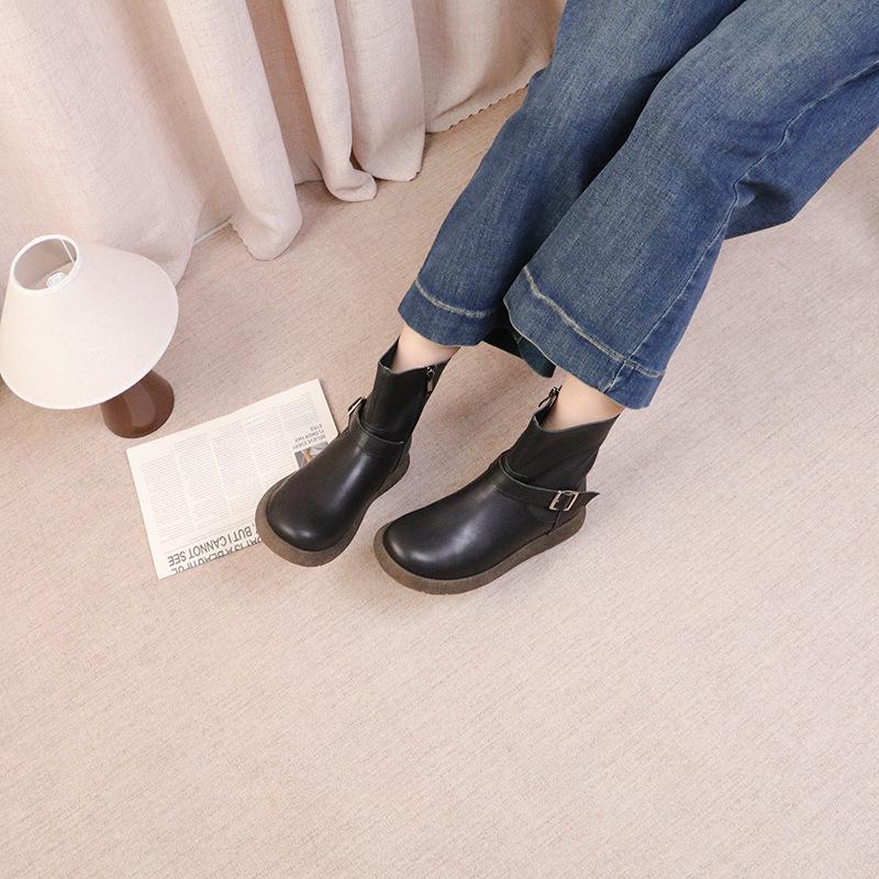 Johnature Retro Klamra Paska Skóra Naturalna Krótkie Botki Okrągły Nosek Boczny Zamek Płaska Podeszwa Damskie Botki