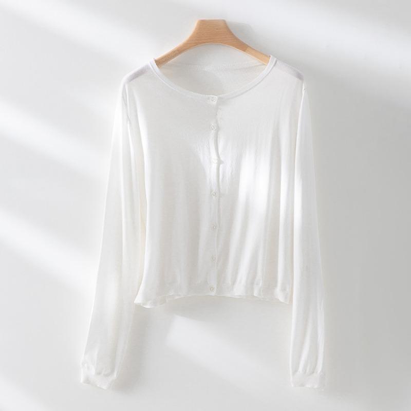 Single-breasted knitted cardigan women's summer new Tencel sunscreen lazy casual round neck long-sleeved top jacket