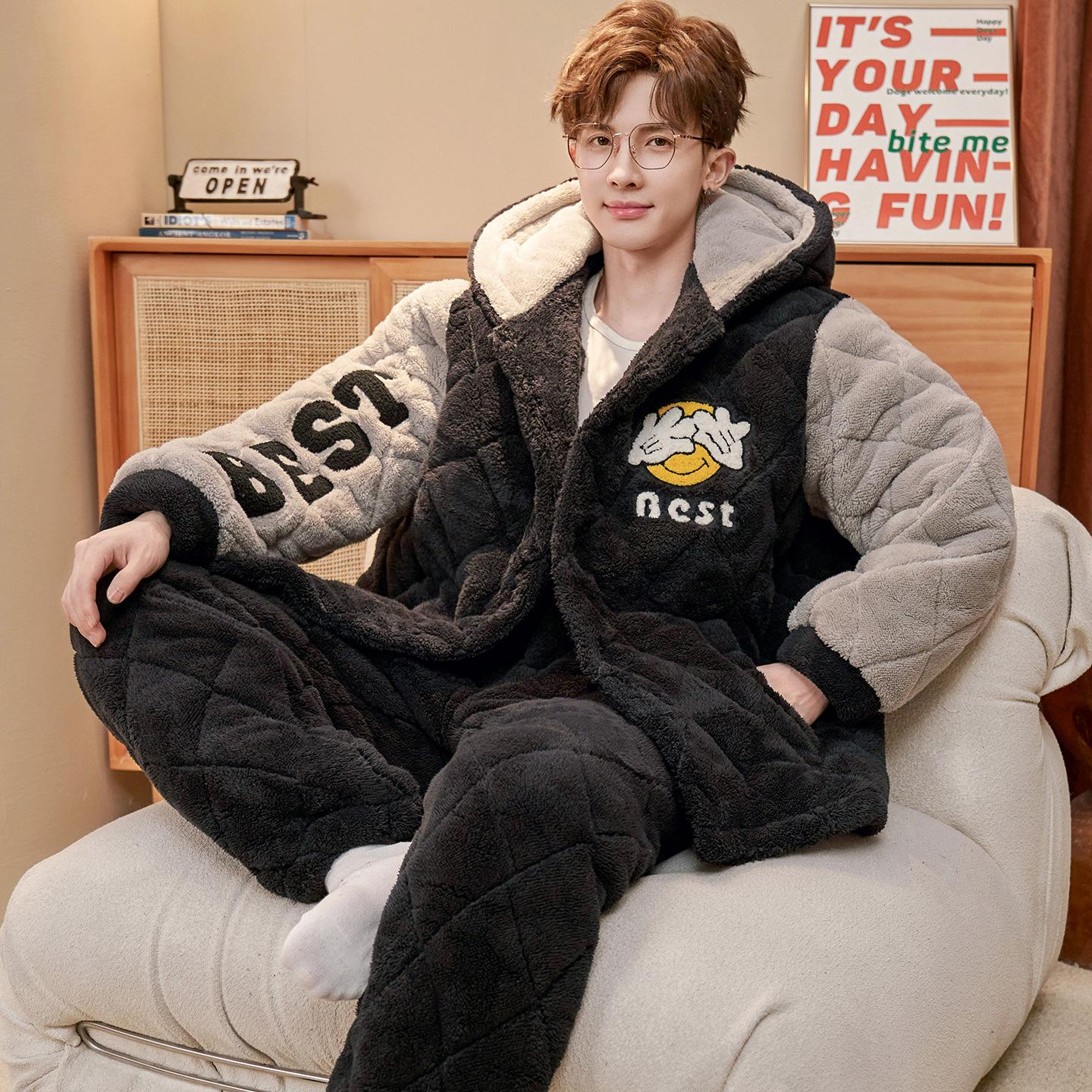 Pajamas Men`S Winter Three-Layer Cotton Padded