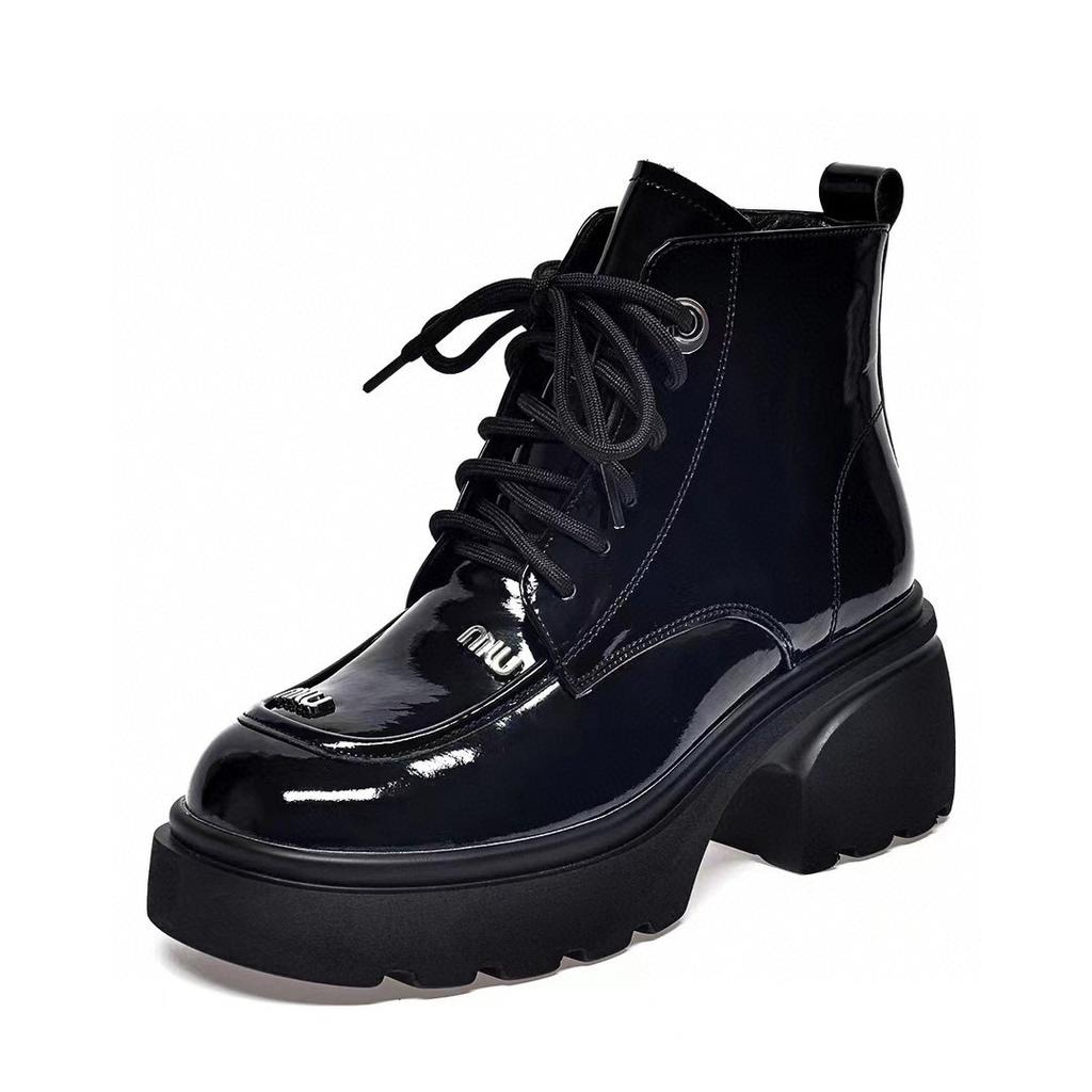 Round head platform short boots women's first layer cow patent leather lace-up Martin boots muffin and letter high-top shoes women's cotton shoes