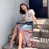 Floral Skirts Womens Medieval Pleated Long Goth Skirt A-LINE Irregular Denim Spliced Chiffon Jean Beach Maxi Skirt Y2k Summer