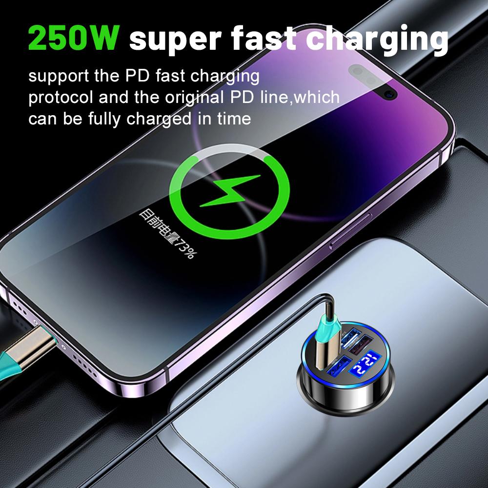 5 Ports Fast Charge PD QC3.0 USB C 250W LED Car Charger Car Phone Charger Type C Adapter In Car For Iphone Samsung Huawei Xiaomi