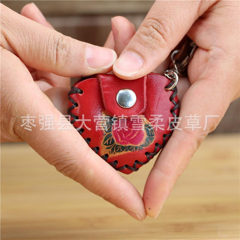 First Layer Cowhide Creative Handmade Red Heart Keychain Bag Accessories Mini Coin Bag Heart Fashion Pendant