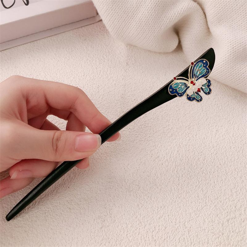 New Chinese Style Wooden Hairpin Ancient Wind Chime Orchid Exquisite Butterfly Hairpin Niche High-end Coiled Hair Flower Hairpin