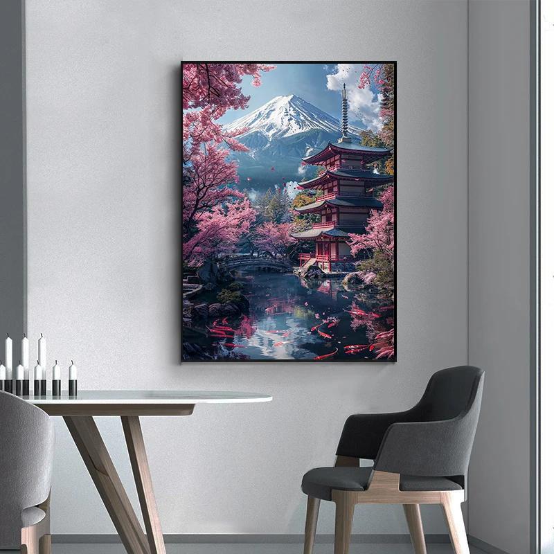 Pink City Asian Travel Japanese Cherry Blossoms At Mount Fuji Poster Light Prints Canvas Painting Wall Pictures Home Room Decor
