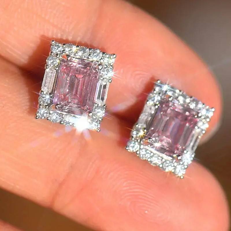 

Huitan Fashion Women Stud Earrings Simple Bright Style Engagement Daily Elegant Accessories Inlaid Pink CZ Daily Chic Zircon