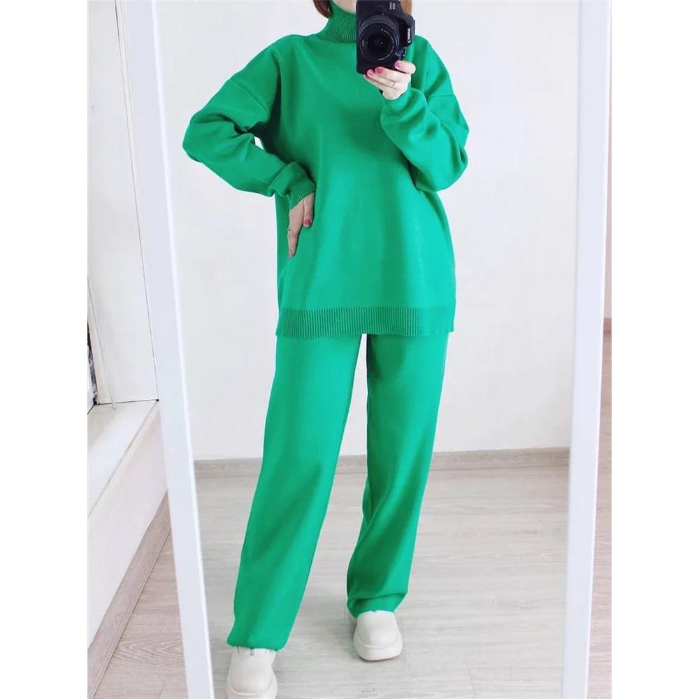 Autumn Winter 2 Pieces Women Sets Knitted Tracksuit Turtleneck Sweater and Straight Jogging Pants Suits
