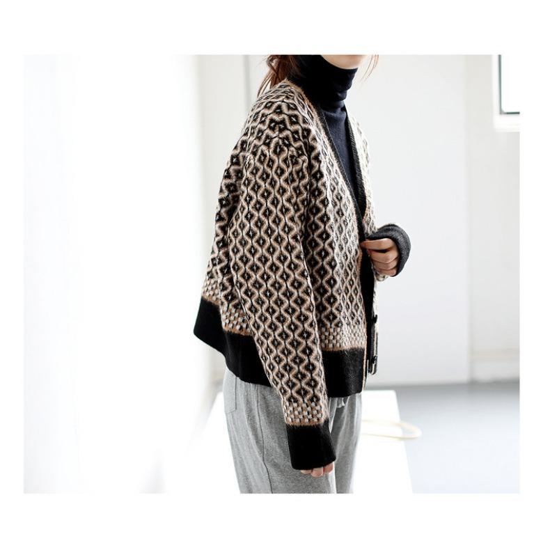 Women Loose Thick Plaid Color Block V Neck Long Sleeve Knitted Cardigan Sweater Coat