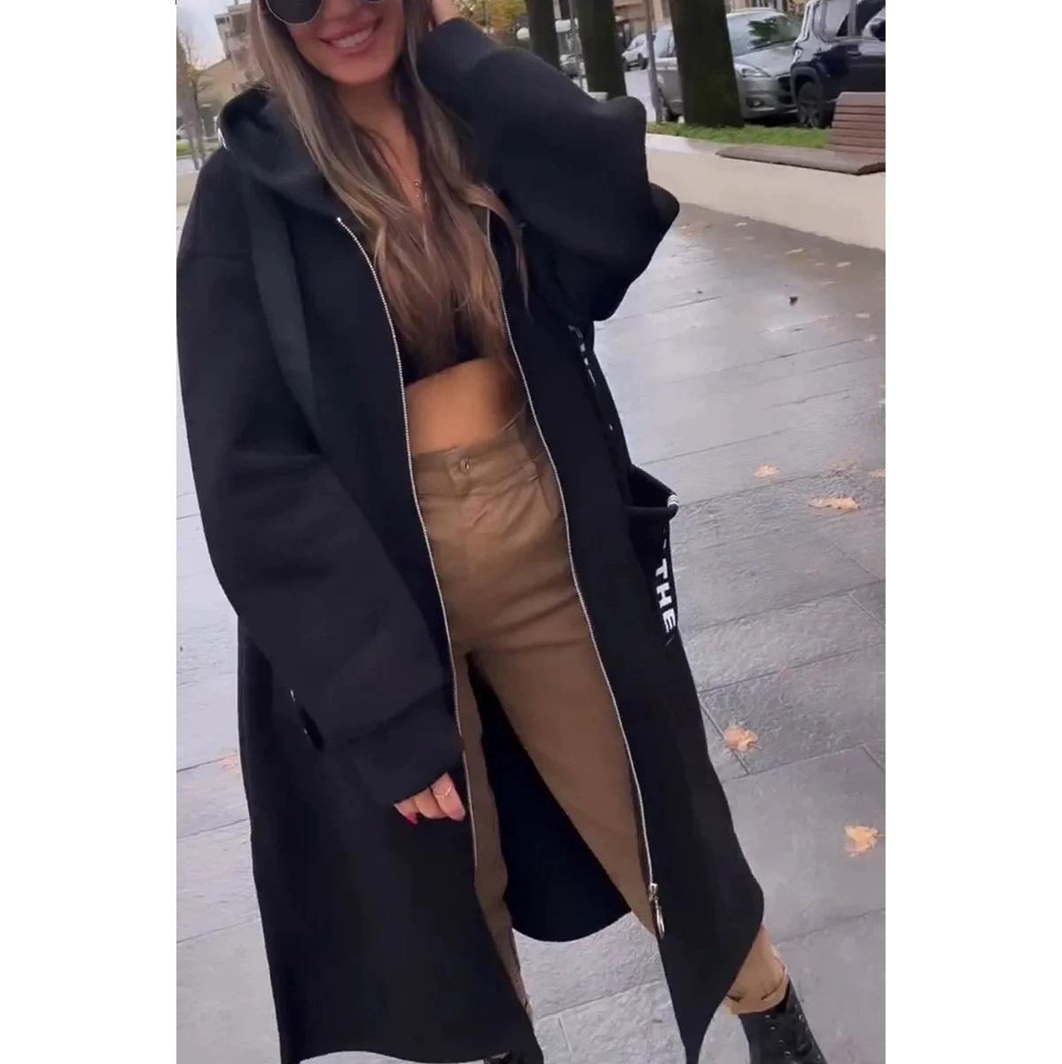 

Спортивне флісове худі з капюшоном, Повсякденна куртка на блискавці з довгим рукавом, Жіноча куртка великого розміру однотонна XXXXXL чорний