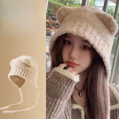Cute Bear Ear Wool Hat for Women In Autumn and Winter Warm Knitted Hat Plush Hat Versatile Cold Protection Ear Tip Hat