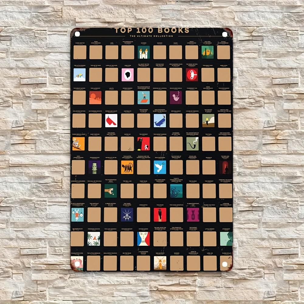 20.32cm X 30.48cm "Front 100 Books" Scratch-Off Poster - Vintage Iron Wall Art with Colorful Bookshelf Design & Literary Illustr