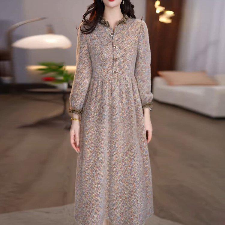 Elegant Autumn-Winter 2025 Waist-Cinching Mid-Length Dress 3XL (for 135-145 jin)