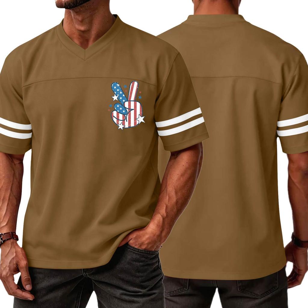 Men V Neck Casual Short Sleeve Jersey Shirt with Independence Day Print and Striped Sleeves for Sports and Wear