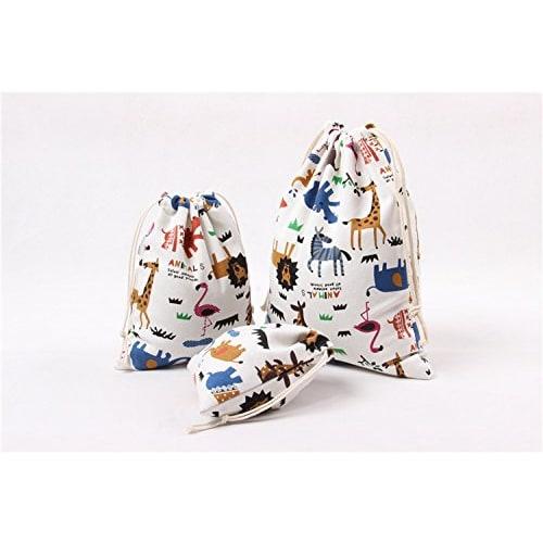 Elizabeth Drawstring Bags, Large, Medium, and Small, Japanese Pattern, Cotton, Stylish Fabric, Animal Design, Small Organizer, Perfect for Kindergarte