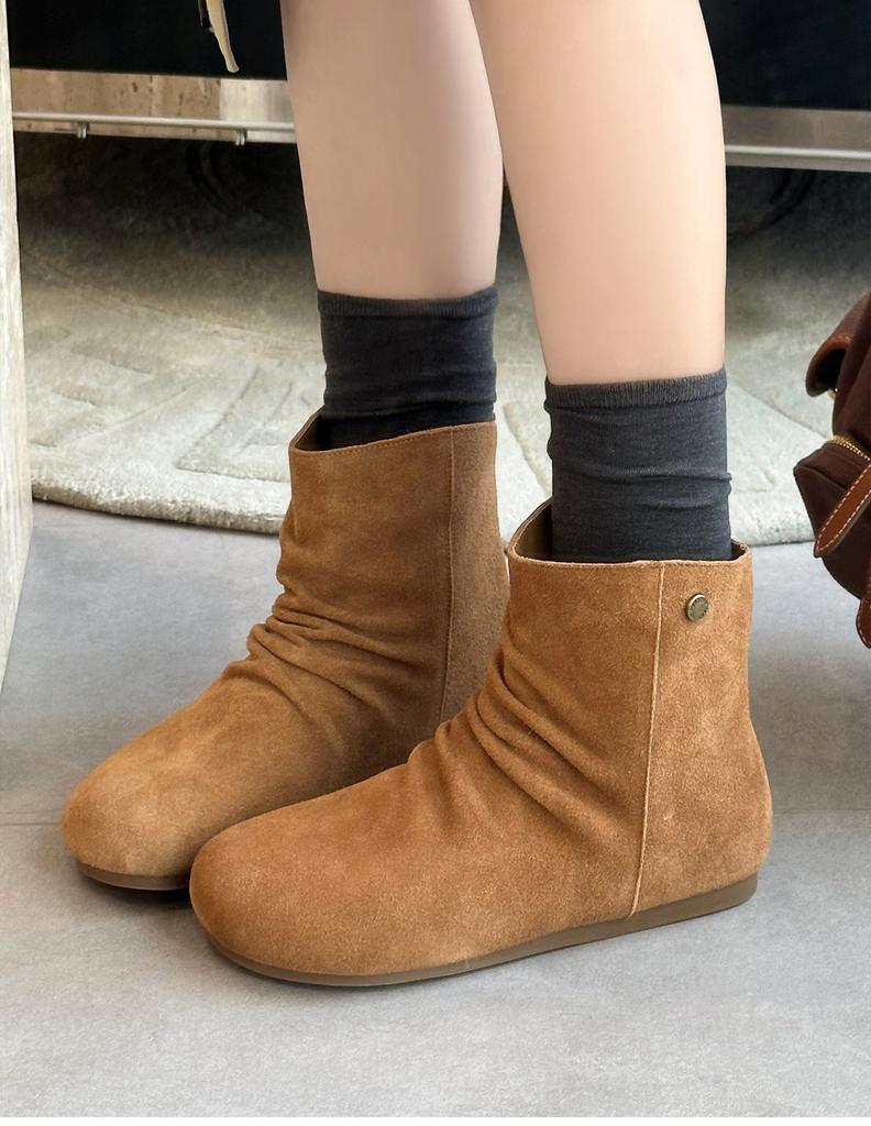 Cowhide Version~ Retro Style New Pleated Matte Leather Inner Height Increase Western Boots Women's Versatile Round Head Looks Thin