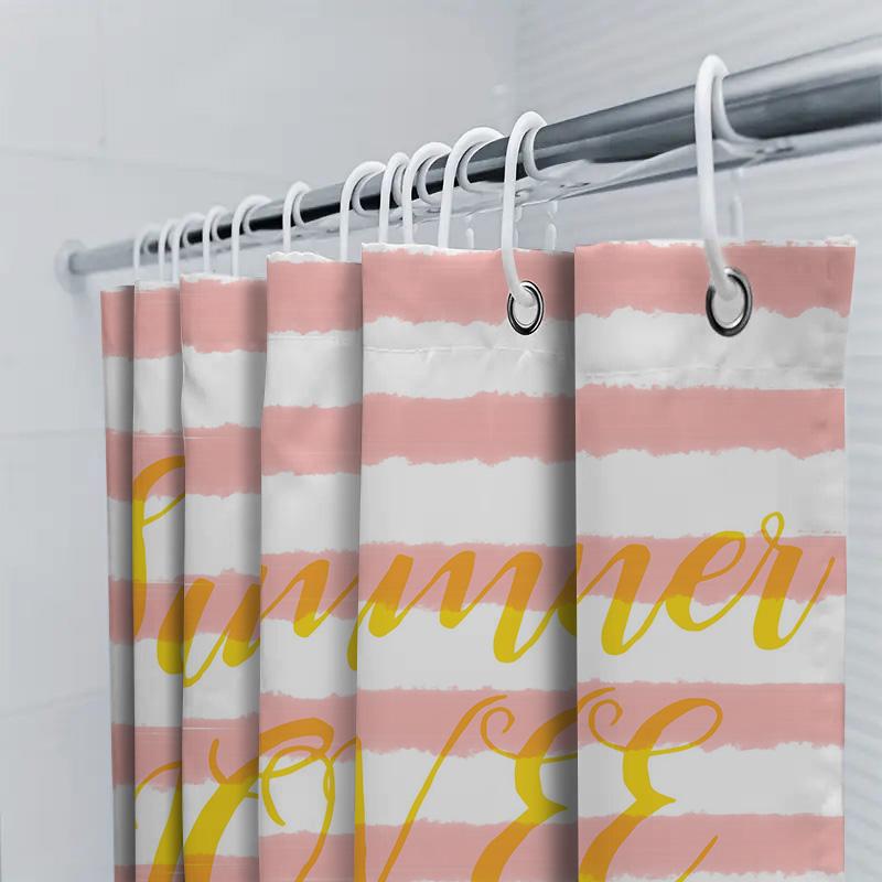 Shower Curtain Striped Pink White Soft Fabric Water Resistant Summer Love Print Bathroom Decor Hanging Rod Shower Panels Waterpr
